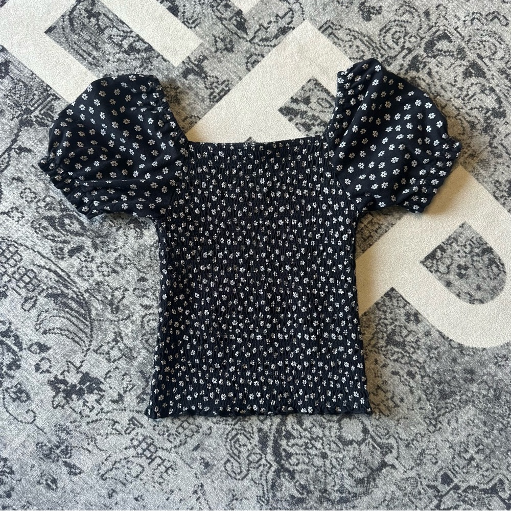 Black Floral Puff Sleeve Top 7/8